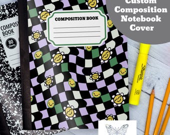 Download,Print Composition Notebook Cover, Back To School, Custom Notebook, Custom Journal, Purple Pastel Daisy Sunflower Retro Checkerboard