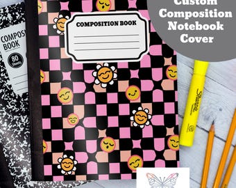 Download,Print Composition Notebook Cover, Back To School, Custom Notebook, Custom Journal, Kid Workbook, Daisy Sunflower Retro Checkerboard