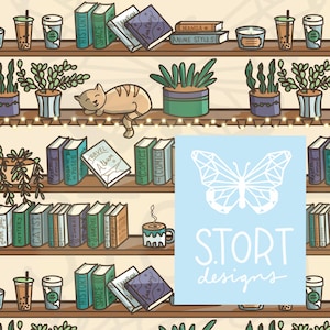 May include: A digital illustration of a bookshelf with various books, plants, and a cat. The books have titles such as "History", "Space", "Travel Album", "Comics", "Mystery", "Cats", "Zombies", "Vampire", and "Witch". The plants are in pots and have green leaves. The cat is sleeping on the shelf. The illustration is in a cartoon style and has a light blue background with the text "STORT designs" in white.