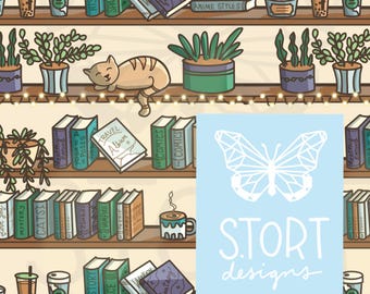 Bookish, Sunday Morning Bookshelf Repeat Print / Cute Bookshelf Seamless Pattern, Digital Paper, Digital Download, Commercial Use