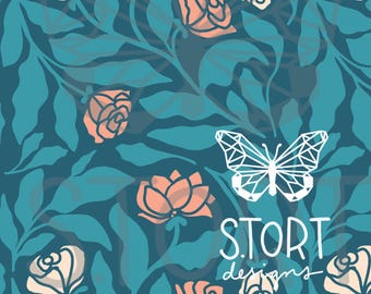 Blue and Pink Rose Floral, Seamless Pattern, Floral Repeat Pattern, Digital Paper, Digital Download, Commercial Use