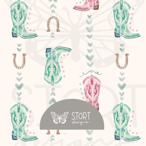 Cowgirl Pink and Aqua Boots Watercolor Repeat Pattern, Girls Western Style Seamless Pattern, Pink Boots Hearts, Printable, Digital Download