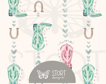 Cowgirl Pink and Aqua Boots Watercolor Repeat Pattern, Girls Western Style Seamless Pattern, Pink Boots Hearts, Printable, Digital Download