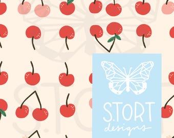 Cute Cherry Seamless Pattern | Retro Fruit Digital Paper | Kawaii Red Pink Cherries Repeat | Instant Download Digital Paper, Commercial Use