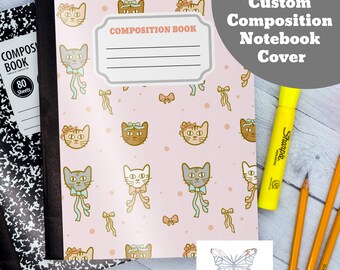 Download and Print Composition Notebook Cover, Back To School, Custom Notebook, Custom Journal, Kids Workbook, Pink Coquette Cats with Bows
