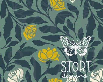 Dark Green and Yellow Rose Floral, Seamless Pattern, Floral Repeat Pattern, Digital Paper, Digital Download, Commercial Use