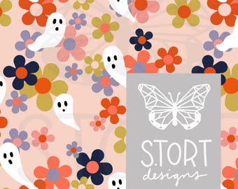 Pink Flowers and Halloween ghosts Print | Retro flowers and ghosts seamless print for stationary, Cards, Instant download | Commercial Use