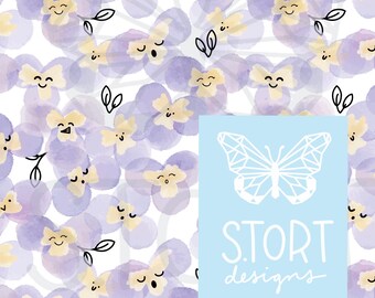 Pastel Purple Pansy Friends w/ Kawaii face Print, Watercolor Pansy Seamless Pattern, Digital Paper, Digital Download, Commercial Use