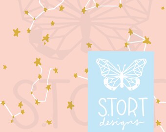 Pastel Pink and Gold Constellation Repeat Print, Whimsical Seamless Star Pattern, Digital Paper, Digital Download, Commercial Use