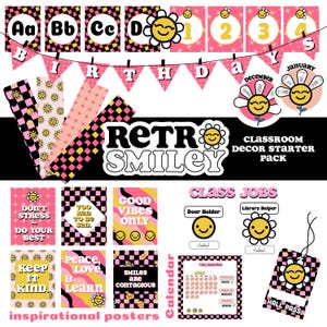 Retro Smiley Daisy Theme Classroom Decor | Retro Checkerboard Classroom Decor | Teacher Classroom Decor, Bold Retro Classroom, Good Vibes