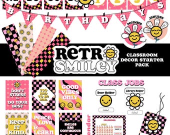 Retro Smiley Daisy Theme Classroom Decor | Retro Checkerboard Classroom Decor | Teacher Classroom Decor, Bold Retro Classroom, Good Vibes