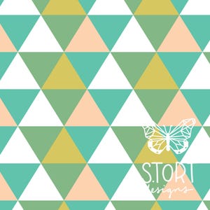 May include: A seamless pattern of green, yellow, peach, and teal triangles. The pattern is repeated throughout the image. A white butterfly with geometric lines is in the lower right corner of the image. The text "S.TORI designs" is below the butterfly.