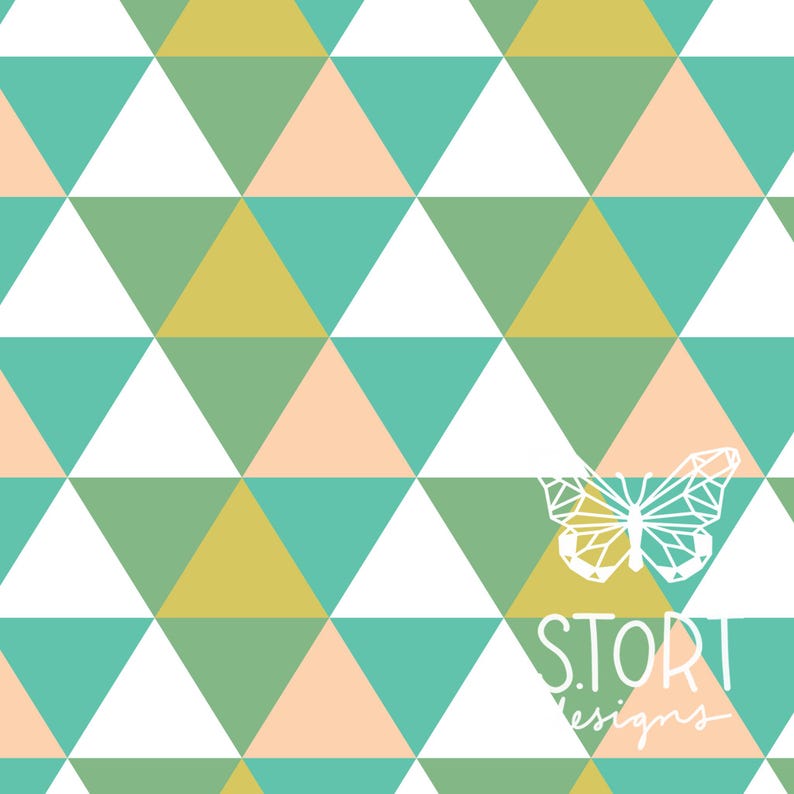 May include: A seamless pattern of green, yellow, peach, and teal triangles. The pattern is repeated throughout the image. A white butterfly with geometric lines is in the lower right corner of the image. The text "S.TORI designs" is below the butterfly.