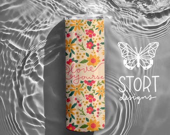Pink and Yellow Repeat Floral Love Yourself Affirmation Pattern, Flower Seamless, Digital Download for 20 oz Tumbler, Commercial Use
