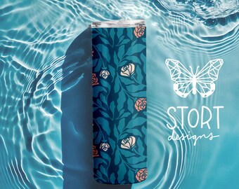 Pink and Blue Rose and Leaves Seamless Pattern, Repeat Floral Pattern, Flower Pattern, Digital Download for 20 oz Tumbler, Commercial Use