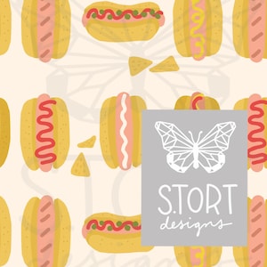 Cute Kawaii Hot Dog Seamless Pattern, Retro Picnic Digital Paper, Summer BBQ Clipart, Stationary, Apparel, Instant Download, Commercial Use