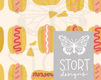 Cute Kawaii Hot Dog Seamless Pattern, Retro Picnic Digital Paper, Summer BBQ Clipart, Stationary, Apparel, Instant Download, Commercial Use