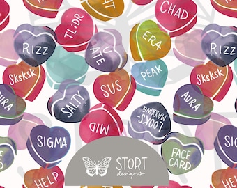 Valentine's Day Modern Gen Z Slang Conversation Hearts Print | Watercolor heart Pattern | Instant download | Commercial Use