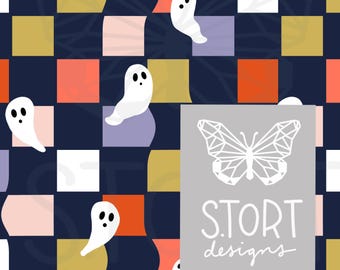 Retro Halloween checkerboard ghosts Print | Retro ghosts seamless print for stationary, Instant download | Commercial Use
