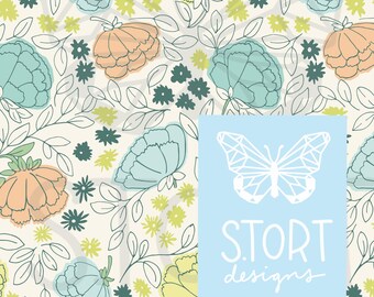 Big Pastel Blossom Print / Spring Floral Outline Seamless Pattern, Digital Paper, Digital Download, Commercial Use
