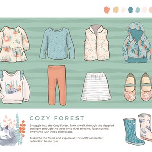 Puede incluir: Colección Cozy Forest con una variedad de prendas de vestir para niños, incluyendo una camisa blanca de manga larga con estampado de zorro, una camisa azul claro de manga larga con estampado de estrellas, un chaleco blanco con estampado floral rosa y naranja, una chaqueta con capucha azul claro con estampado floral, una falda blanca con estampado de rayas azul y blanco, leggings coral, un vestido blanco con estampado de zorro y un par de botas de lluvia azul claro con estampado de zorro.