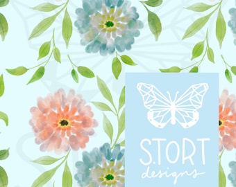 Watercolor blooms on a blue background Print / Pink and blue flower Seamless Pattern, Digital Paper, Digital Download, Commercial Use