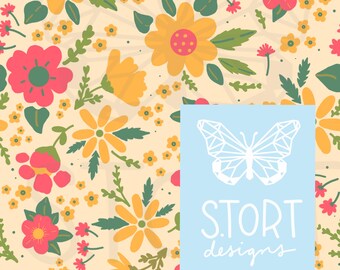 Yellow and Pink Ditsy Floral Repeat Print / Small Wild Flower Garden Seamless Pattern, Digital Paper, Digital Download, Commercial Use