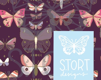 Boho Lunar Butterfly / Celestial Moth Study, Butterfly and Moon Phase Seamless Pattern, Digital Paper, Digital Download, Commercial Use