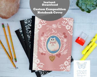 Download,Print Composition Notebook Cover, Back To School, Custom Notebook, Custom Journal, Victorian Coquette Vintage Cat Portrait and Lace