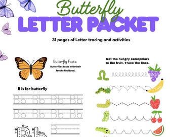 Kindergarten Butterfly Themed Letter Tracing and Activity Packet | Butterfly facts for Early Learners | Spring Unit Packet