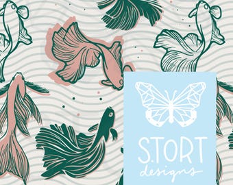 Beta Fish Swimming Print / Pink and Green Beta Seamless Pattern, Digital Paper, Digital Download, Commercial Use