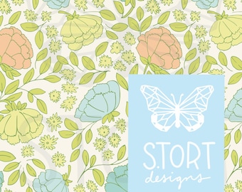 Big Cream and Green, Pastel Blossom Print, Spring Floral Outline Seamless Pattern, Digital Paper, Digital Download, Commercial Use