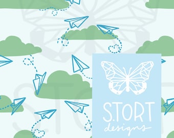 Hand-drawn paper airplane and cloud Print / Paper plane on a cloudy day Seamless Pattern, Digital Paper, Digital Download, Commercial Use
