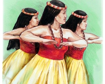 HAWAIIAN HULA DANCERS, Ancient Hawaiian Hula, Hawaiian Hula art, Three hula dancers, Waikiki