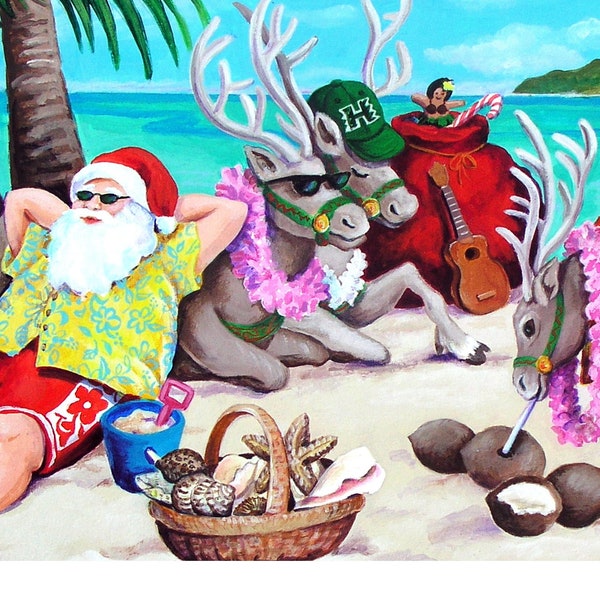 Hawaiian Holiday cards, original  christmas in Hawaii, Fun Holiday cards, mele Kalikimaka, Santa in hawaii