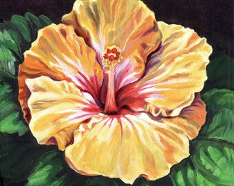 Hawaiian deep yellow Hibiscus, Exotic Floral, Island Hibiscus, tropical floral, hibiscus painting