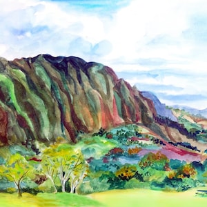 May include: Watercolor painting of a mountain range with a green grassy field in the foreground. The mountains are a mix of brown, green, and red hues. There is a small picnic table in the field.