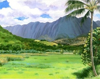 May include: A watercolor painting of a lush green valley with a tall, pointed mountain in the background. The valley is filled with green grass and trees, and there is a single palm tree on the right side of the image.