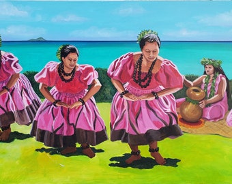 May include: Five women in pink dresses with floral headbands perform a traditional Hawaiian hula dance.  Two women sit in the background playing a traditional instrument.