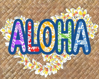 May include: A colorful "ALOHA" word art design with a floral lei made of white flowers with yellow centers. The background is a woven brown pattern.