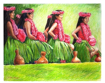 May include: Four women wearing pink flower leis and green grass skirts are sitting on a stage. They are holding small brown clay pots. The background is green and blurry.