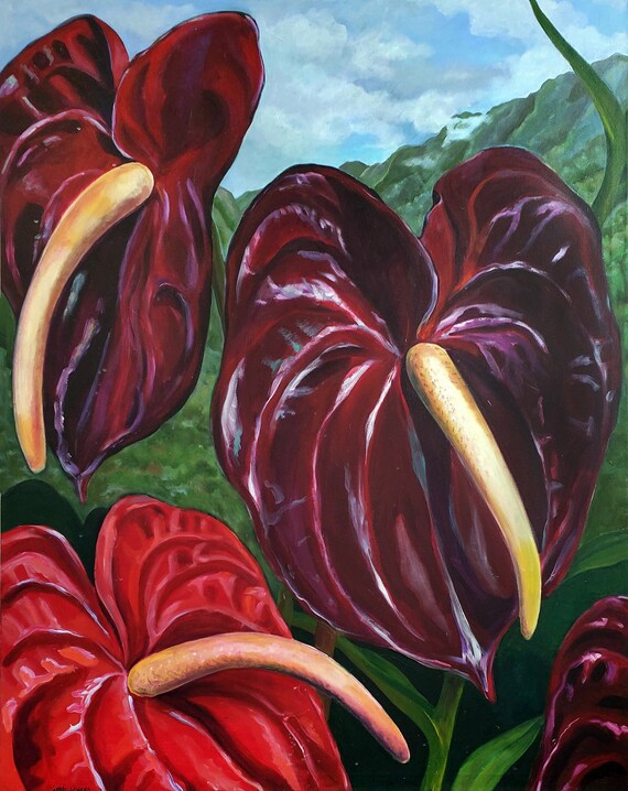 Hawaiian ANTHURIUM and KOOLAU Cliffs, Tropical Red Anthurium, Windward  Cliffs, Hawaiian Pali - Etsy