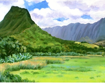 May include: A watercolor painting of a lush green valley with a large mountain in the background. The sky is blue with white clouds.