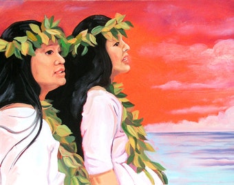 May include: An oil painting depicts two women with dark hair, adorned with green leaf garlands around their heads and necks. They wear white garments and are set against a vibrant orange and pink sky, with a hint of ocean in the background. The artwork evokes a sense of serenity.