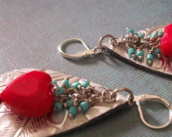 Teardrop Red Heart Sterling Silver Earrings