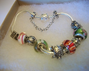 Sterling Silver European & Murano Glass Charm Bracelet