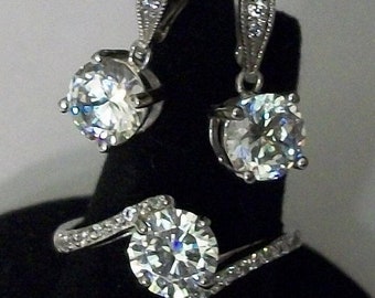 Vintage Cubic Zirconia Sterling Silver Ring and Earring Set