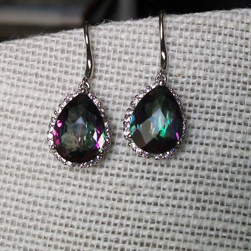 Luxurious 11 shops ct Rainbow Fire Mystic Topaz Drop 925 Sterling Silver Earring With Melee Diamond Border, Rainbow Fire Mystic Topaz Earrings