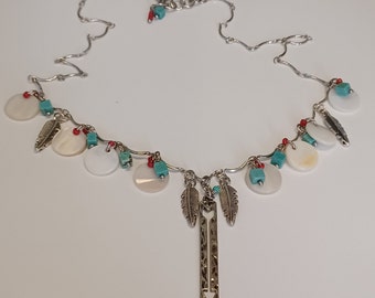 Turquoise and Shell Beaded Choker Necklace