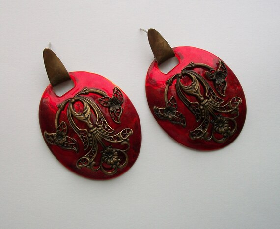 Stunning Filigree Brass & Red Enamel Earrings, Vi… - image 4